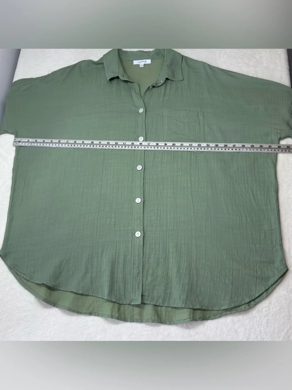 mySTYLE Green Oversized Button Up Shirt Textured Gauze Tab Sleeve Top L XL - Picture 5 of 10